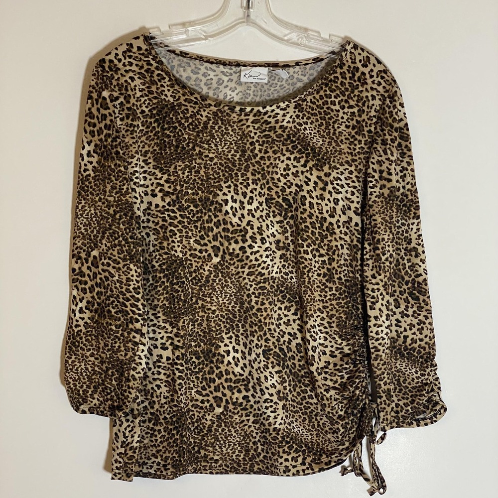Kim Rogers Shirt Womens Medium Brown Leopard Print Ruched Side Tie Stretchy Y2K